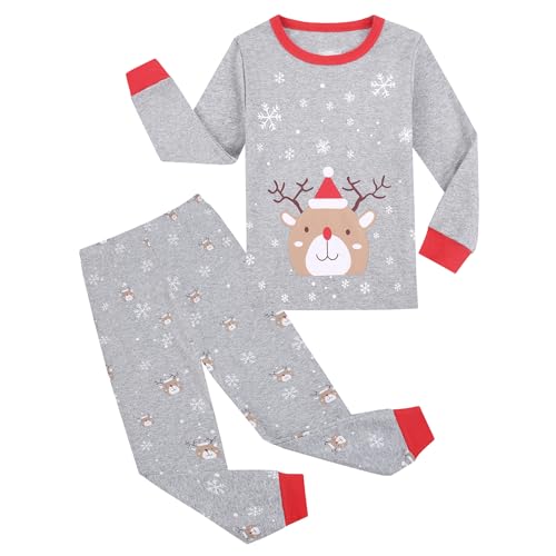 Gumyoss Weihnachten Schlafanzug Jungen Pyjama Mädchen Kinder Weihnachts Schlafanzug Christmas Xmas Langarm Baumwolle Zweiteilig Gr.104, Rentier/Grau