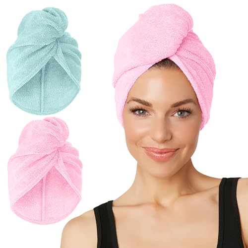 Turbie Twist 2-Pack Extra Long Microfiber Hair Towel for Beauty, Travel, Gifting - Hair Wrap Turban for Long & Thick Hair - Premium Personal Care - Pink&Mint