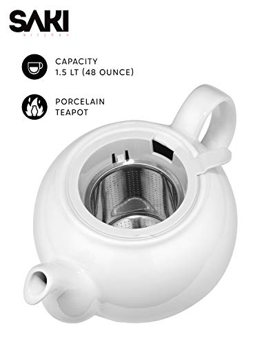 Image of SAKI Large Porcelain Teapot, 48 Ounce Tea Pot with Infuser, Loose Leaf and Blooming Tea Pot - White