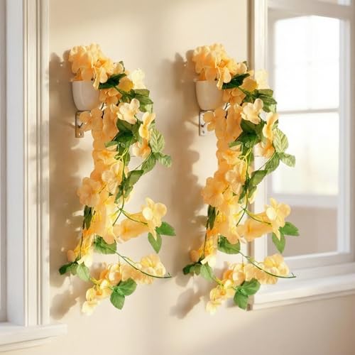 Image of Dekorly Artificial Hanging Garland with Pot - 100cm Vine |10cm Decorative Pot for Table |Shelf & Wall Decor | (2, Yellow)