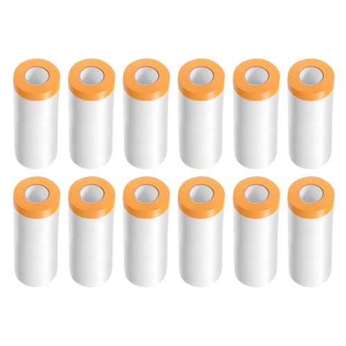 Image of HARFINGTON 12 Rolls Pre-Taped Masking Film 35.4 inch x65.6ft Tape and Drape Painters Plastic Drop Cloth Film with Tape Plastic Sheeting for Automotive Painting Covering