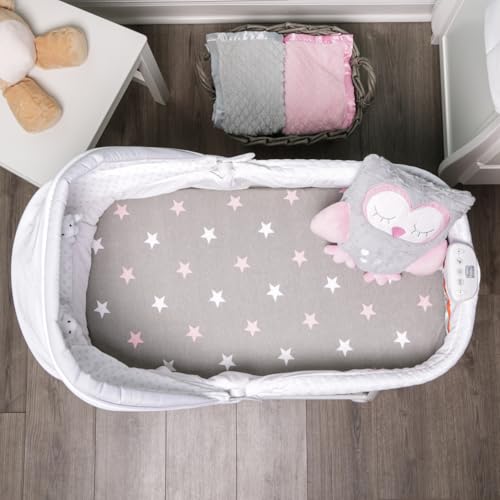 Image of 2-Pack Bassinet Sheets - 100% Cotton Jersey Knit Owls and Stars Bassinet Mattress Pad Fitted Sheets for Baby Girl; Compatible with Bassinet Bedside Co-Sleeper Lounger Brands; Oval Rectangle Mattress