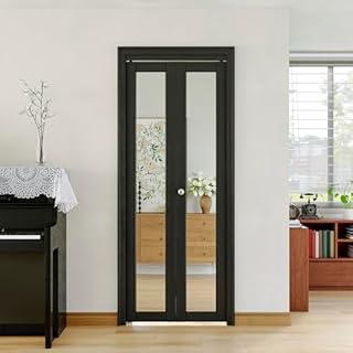 JUJUBON 30" x 80" Opening Bifold Doors, HD Mirror Bifold Barn Door Panels with Hardware Kit & Handles, One Side Mirrored Folding Interior Doors for Closet/Bathtoom/Bedroom Easy to Install, Black