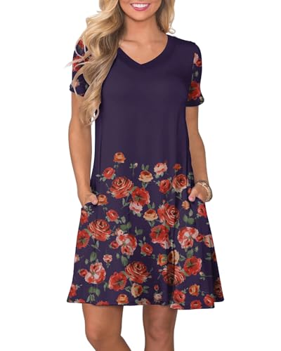 Image of COSSEN Women's Casual T Shirt Dress V-Neck Short Sleeves Swing Dresses Birthday Party Summer Travel Beach with Pocket