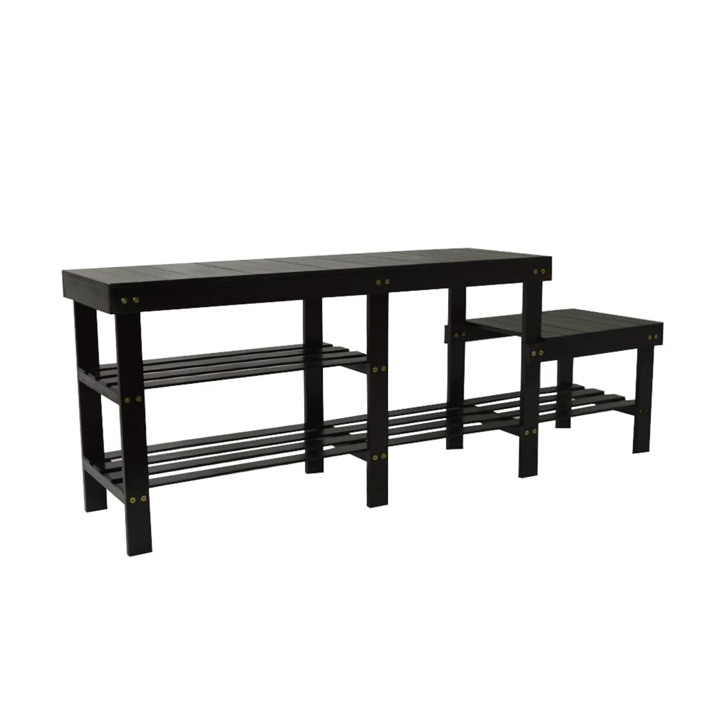 Photo 1 of JTdiffer Bamboo Shoe Storage Entryway Bench for Kids with 2 Tier Shoe Organizer Shelf, Hallway Front Door Entry Shoes Changing Stool Plant Stand Rack with Boot Compartment 48" Extra Long… Black 48" with Boot Compartment for Kids