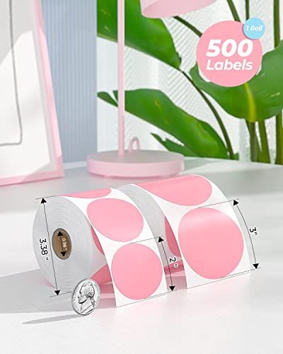 Munbyn P130 Shipping Label Printer, 3 Inch Pink Circle Thermal Sticker Labels, Self-Adhesive Round Direct Thermal Labels, Multi-Purpose Roll Thermal Stickers For Business-500 Labels/1 Roll #TOP2