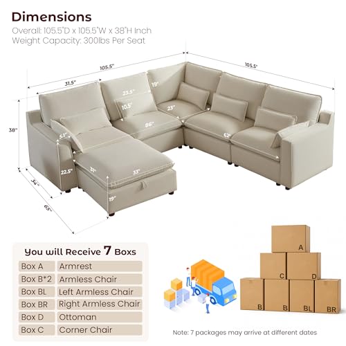 Image of WorthFurni Modern Modular Sectional Sofa,105 inch V Shape Sectional Cloud Couch with Storage Ottoman,Comfty 6 Seat Sofa for Living Room,Beige Chenille