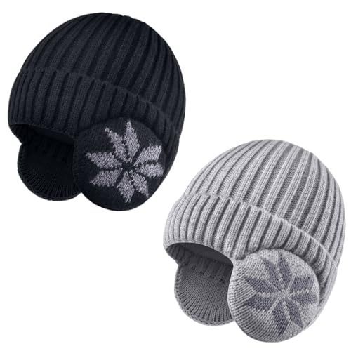 2 Pack Kids Beanie Winter Hat for 3-10 Years Cute Warm Fleece Lined with Ear Flaps for Boys and Girls