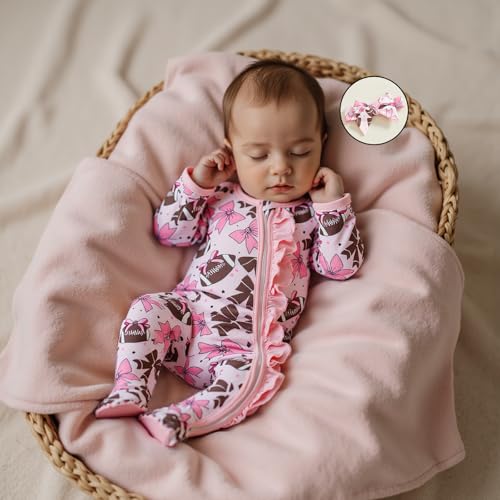 Sasaerucure Newborn Infant Baby Girl Footie Romper Jumpsuit Headband Zipper Football One Piece Outfits Fall Clothes2