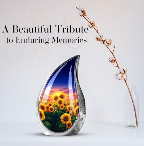 Image of Teardrop Sunflower Urns for Human Ashes Male - Burial Urns for Adult Human Ashes - Sunset Sunflower Urn for Adult Mother and Father - Large Decorative Urn for Mom and Dad 10inch