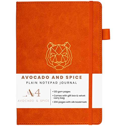 Avocado & Spice Notizbuch A4 Blanko - Zeichenblock A4 als Sketchbook A4, Notizblock usw. - A4 Scrapbook mit Geschenkbox, Samtbeutel, Lesezeichen, elastischem Band & Stifthalter, 200 Seiten, Orange Cover