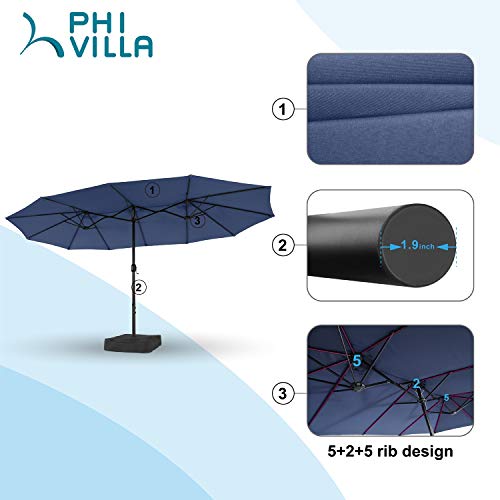 Phi Villa 15Ft Large Patio Umbrellas With Base Included, Outdoor Double-Sided Rectangle Market Umbrella With Crank Handle, For Pool Lawn Garden, Blue #TOP4