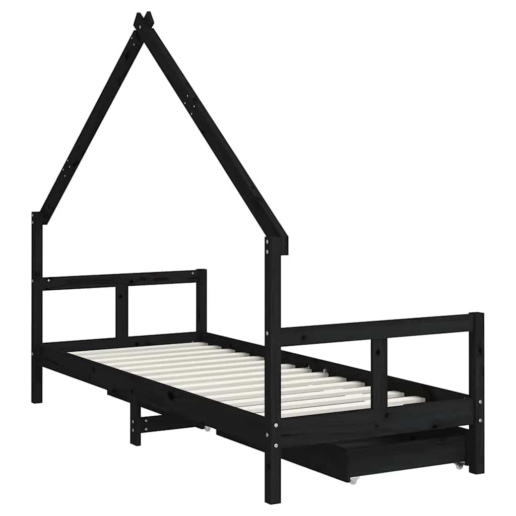 Cama infantil con cajones, color negro, 80 x 200 cm, madera maciza de pino, adecuada para niños a partir de 4 años, cama estable con espacio de almacenamiento y rejilla, ideal para dormitorio