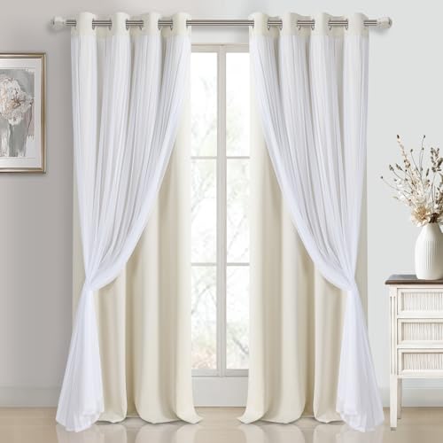 Image of DWCN Ivory Blackout Curtains with Sheer Overlay with Tiebacks 96 Inch Long