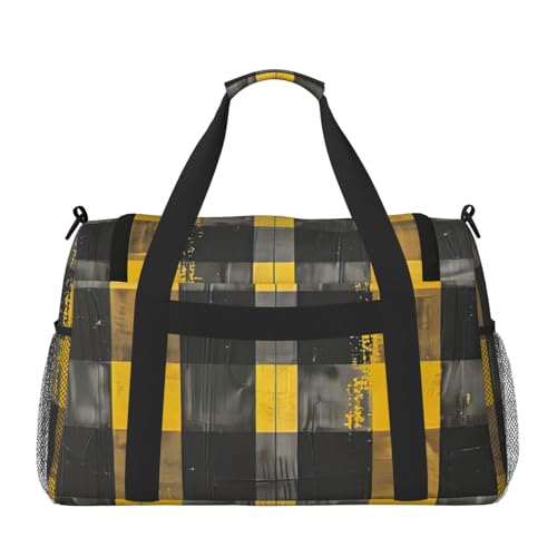 Yellow Gray Black Plaid Print Foldable Carry On Tote Large Capacity Hand Carry Bag for Airplane Weekend Getaways2