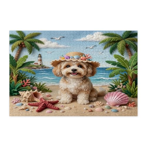 Rompecabezas de 1000 piezas de madera con diseño tropical de perro Cavachon para adultos