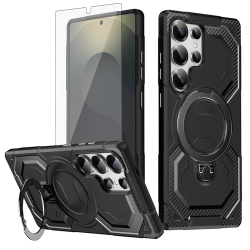Coque Samsung S23 Ultra fibre avec anneau béquille et verre trempé intégral