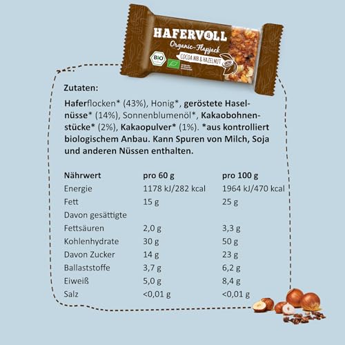 HAFERVOLL Organic Flapjack Cacoa Nib & Hazelnut, 18 x 60 g Müsliriegel - Bio-zertifiziert, mit Honig ohne Zusatz von Zucker, Hafer, im Ofen gebacken