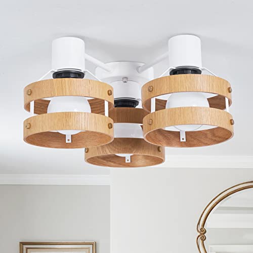 Modern 3-Light Flush Mount Ceiling Light, Matte White Finish and Light Wood Ceiling Light Fixture, for Living Room, Kitchen, Foyer
