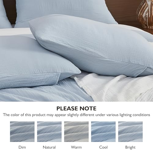 Image of EMME Muslin Cotton Duvet Cover Set Blue Twin Size Linen Like Soft Breathable Lightweight Summer Comforter Cover Set with Zipper Closure (Blue, Twin, 68 inchx90 inch)