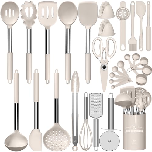 Kitchen Cooking Utensils Set, Heat Resistant Silicone Kitchen Utensils Spatula Set with Holder, 30 PCS Khaki Kitchen Utensil Gadgets Tools Set for Nonstick Cookware(BPA Free)