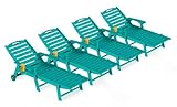 Outdoor Lounge Chair Set of 4, All Weather Patio Chaise Lounge Chair for Outside, HDPE Chair with Rolling Wheels & Cup Holder, 5 Position, Deck, Pool, Lake Blue