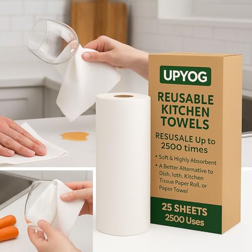 Image of UPYOG Reusable Kitchen Towel Roll 25 Washable Bamboo Fiber Sheets 2500 Times Reusable, Soft & Super Absorbent Eco-Friendly Alternative to Paper Towels Multipurpose Cleaning Cloth for Home & Kitchen