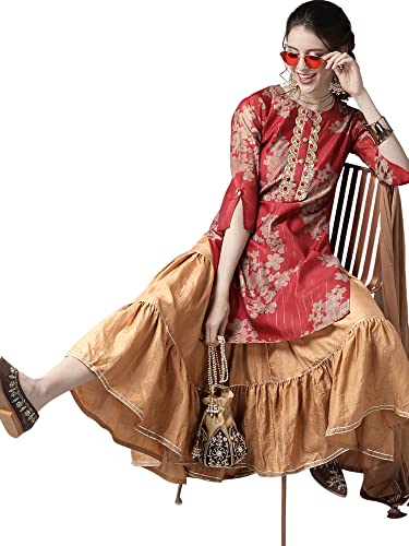 Image of INDO ERA Women's Poly Chanderi Printed Straight Kurta Sharara With Dupatta Set(21AAA2370)
