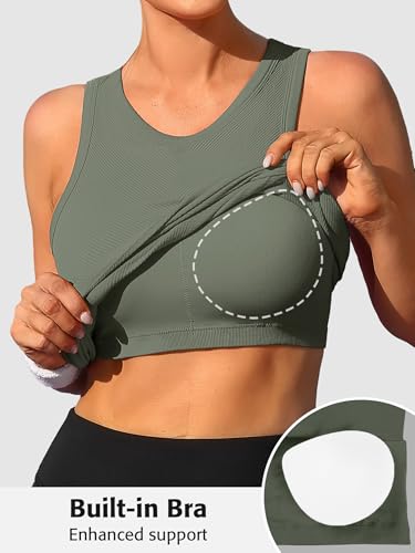 Image of ATTRACO Ribflex Workout Tank Tops for Women Seamless Full Length Gym Tops Athletic Yoga Top Built in Bra