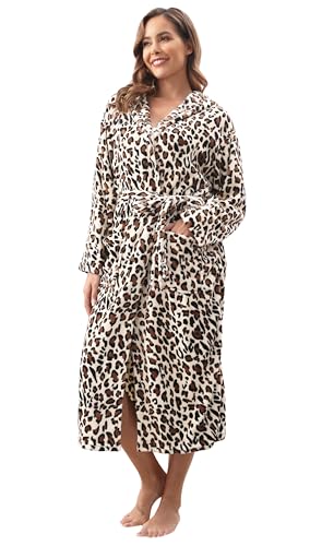 VOGMATE Bademantel Damen Flauschig Kapuze Morgenmantel Lang Kuschel Gittermuster Saunamantel Plüsch Fleece Hausmantel Leopard S-M