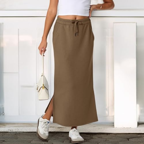 Straight Leg Skirt Casual Maxi Dress for Womens High Waist Trendy Drawstring Side Slit Skirts with Pockets3