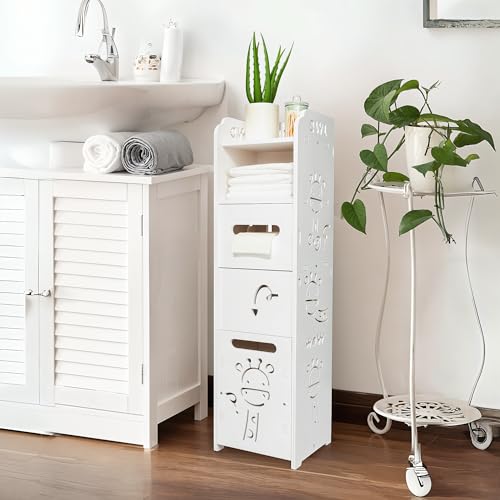 DECOMIL - Small White Bathroom Storage Cabinet | Modern Bathroom Cabinet with 3 Shelves & 2 Compartments, Toiletry & Towel Storage