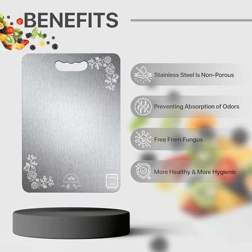 Image of Large Premium Stainless Steel Cutting Board for Kitchen - Premium Vegetable and Fruit Cutter, Quality Metal Chopping Board (35 x 25 cms x1.0 mm) - Long Life