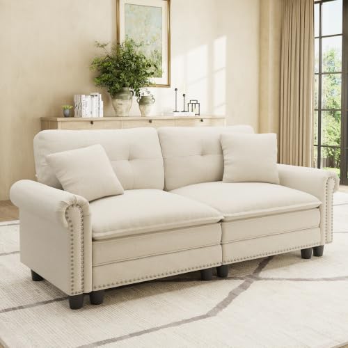 Image of HERA'S HOUSE 73.2 inch Modular Loveseat Cloud Couch Deep Seats & Rolled Arms | Mid-Century Modern 2-Seater Loveseat, Beige, Nailhead Trim, Wider & Deeper Seats, Soft Linen Sofa for Living Room Bedroom