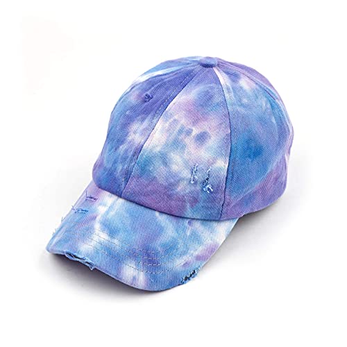 Funky Junque Criss Cross Hat Womens Baseball Cap Distressed Ponytail Messy Bun Trucker Ponycap (1 Tie Dye - Purple Mix) #TOP2