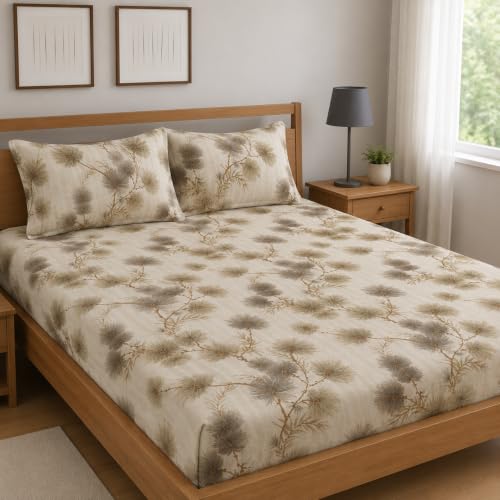 Image of Premium Cotton Fitted Bedsheet King Size 78 x 72 x 8 Inches with 2 Pillow Covers | 220 TC | All-Around Elastic Deep Pocket Bed Cover | Beige Brown Botanical Branch