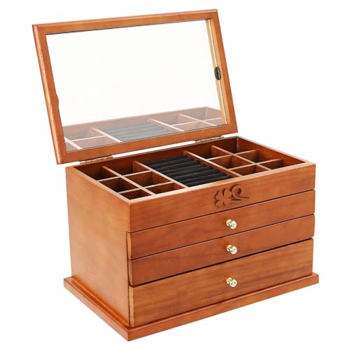 Joyero de madera de 4 niveles, joyero vintage con espejo y forro interior de terciopelo, compartimentos extraíbles, 3 cajones, organizador de joyas grande para collares, anillos, pendientes, 31 x 19,3