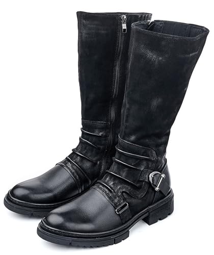 Mens Knee High Knight Boots Splicing Suede Leather Biker Riding Boots Side Zipper Motorcycle Combat Boots Round Toe Waterproof Mid Calf Boots Cowboy Boots Chunky Heel Knee High Boots For Men3