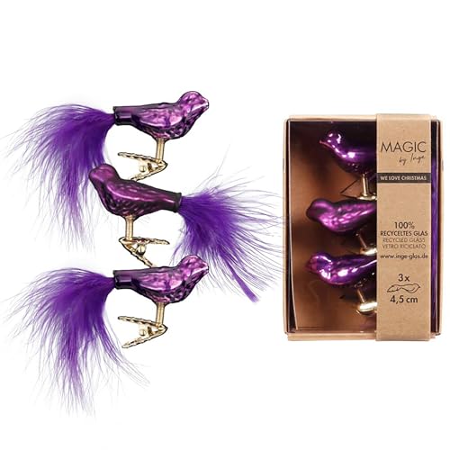 Christbaumschmuck Vögel auf Clip 4,5cm Glas 3er Set - Kleine Christbaumkugeln für Weihnachtsbaum - Weihnachtsbaumkugeln & Weihnachtsbaumschmuck zu Weihnachten Lila Purpur - Purple Symphony