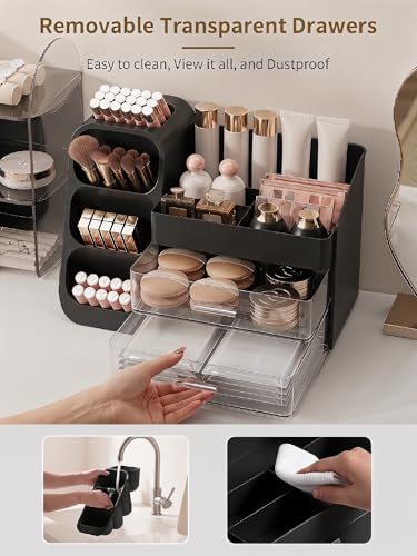 Image of Booklov Makeup Organizer for Vanity, Large Capacity Cosmetic Display Case with Drawers, Countertop Beauty Storage Holder for Skincare, Brush Eyeliner Perfume Eyeshadow Lipsticks, Counter Desk, Black