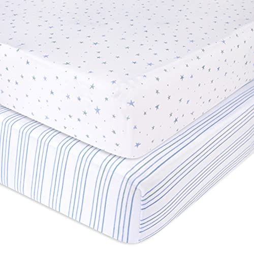 Image of Crib Sheets Set 2 Pack - Baby Crib Sheets with 100% Jersey Cotton - Crib Sheets for Boys and Girls, Newborn Essentials (Blue Stars & Stripes)