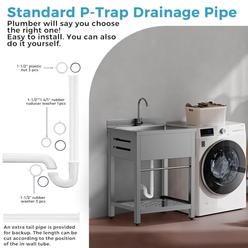 Image of Stainless Steel Utility Sink Freestanding Single Bowl Garage Sink 33 Inch