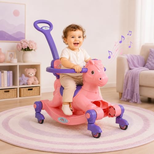 Image of 3 in 1 Baby Horse Rider for Kids 1-5 Years with Parent Handle, Rocking Horse, Ride On Toy, 360 Safety Guard, Music, Swivel Wheels, Backrest, Baby Ride On for Boys & Girls (Pink)