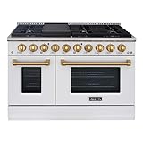 Akicon 48" Slide-in Freestanding Professional Style Gas Range with 6.7 Cu. Ft. Oven, 8 Burners, Convection Fan, Cast Iron Grates, & Blue Porcelain Oven Interior, In White with Gold