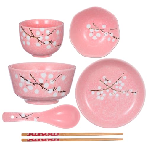 Minkissy 6Pcs Japanese Ceramic Tableware Set Ceramic Dinnerware Set Including Bowl Plate Cup Spoon and Chopsticks Pink Modern Design for Home Dining