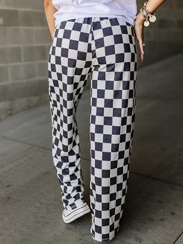 IWOLLENCE Women's Casual Loose Checkered Wide Leg Pants High Waist Straight Lounge Y2K Gingham Trousers Summer3