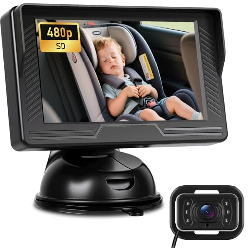 NHOPEEW 480P Cámara de Coche para bebés - Monitor de Coche de 4,3 Pulgadas con Cámara de Visión Nocturna, Ángulo Amplio Ajustable 360°, Instalación Fácil