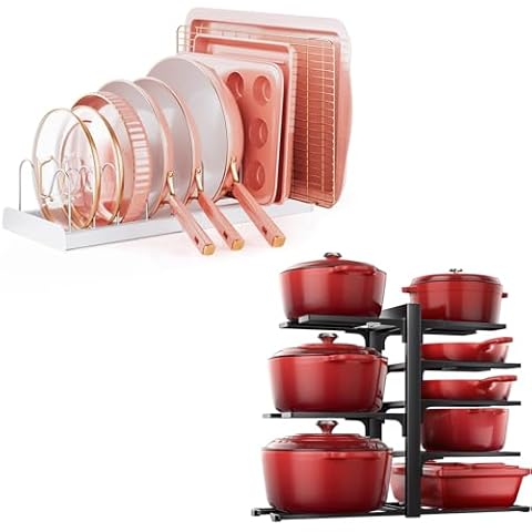 ORDORA 8-Tier Heavy Duty 120LBS Pots Pans Organizer Rack, Expandable 10-Tier Pot Lid Organizer Holder Adjustable Cover