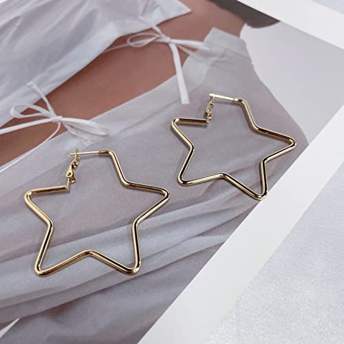 Dainty Star 14K Gold Plated Silver Black Big Large Hoop Earrings for Women Sensitive Ears Fashion Hollow Stars Geometric Huggie Hypoallergenic Hoops 2 Inch Minimalist Hooped Gifts Bff Birthday Xmas Party 50mm (gold) by NewZenro - Image 3