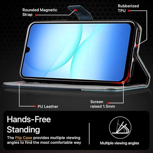 Image of FLIPPED Vegan Leather Flip Case Back Cover for Samsung Galaxy M17 5G | A17 5G | F17 5G (Flexible, Shock Proof | Hand Stitched Leather Finish | Card Pockets Wallet & Stand | Blue with Aquamarine)